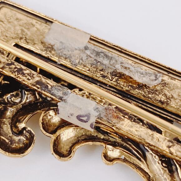 Vintage Brooch Black Enamel Baroque Revival Square Art Frame Gold Tone Pin - Picture 7 of 9